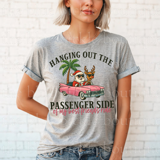 Hanging out the passenger side of my best friends ride ~ Santa Style