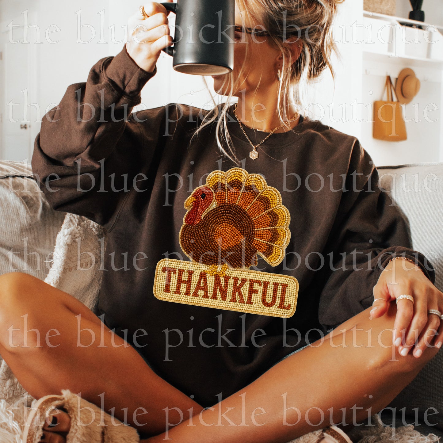 Thankful Faux (fake) Beaded Turkey Sweatshirt