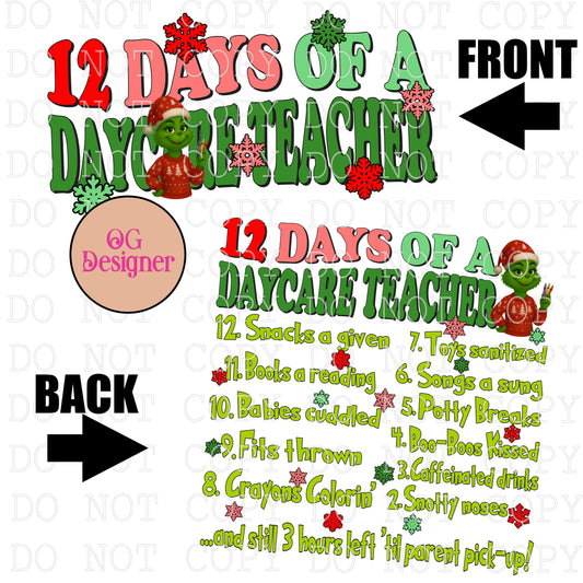 12 Days of A Daycare Teacher Christmas -  DIGITAL DESIGN- INSTANT DOWNLOAD