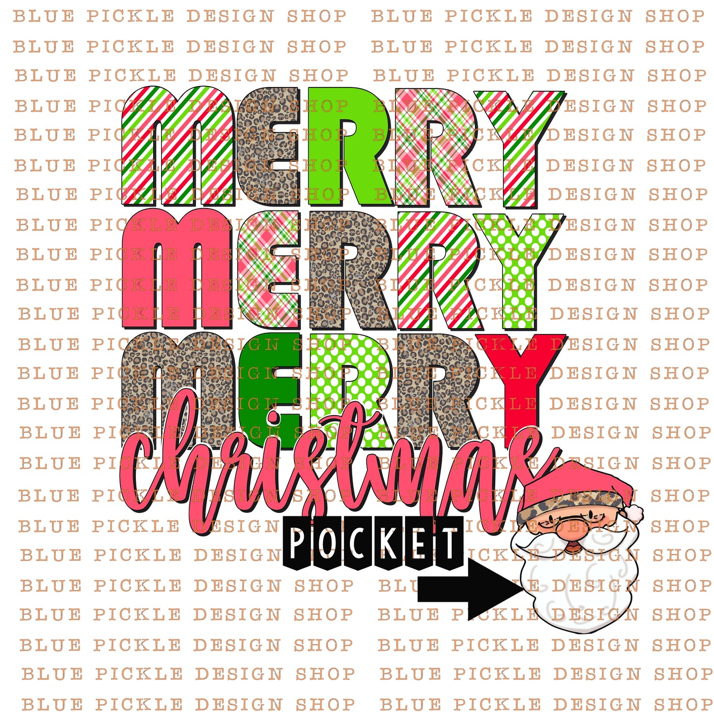 Merry Christmas Santa Stripes with Pocket Santa - DIGITAL DESIGN- INSTANT DOWNLOAD
