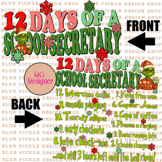 12 Days of A School Secretary Christmas -  DIGITAL DESIGN- INSTANT DOWNLOAD
