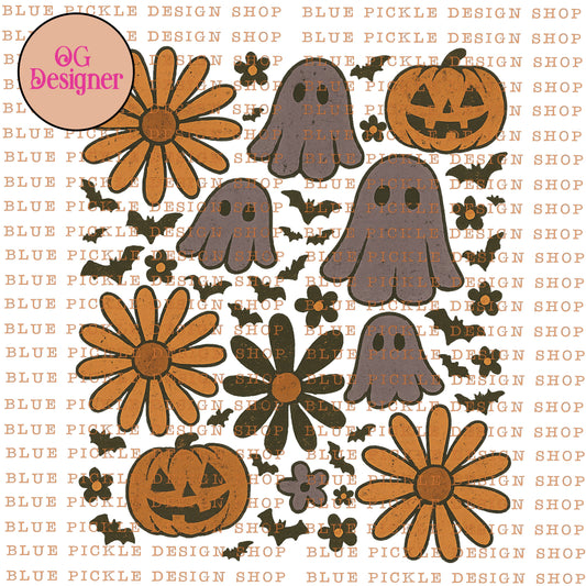 Vintage Halloween Floral and Bats -  DIGITAL DESIGN- INSTANT DOWNLOAD